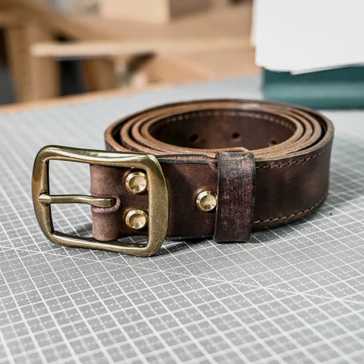 Retro Distressed Brass Buckle Hand-Made Stitching Leather Belt - image 8