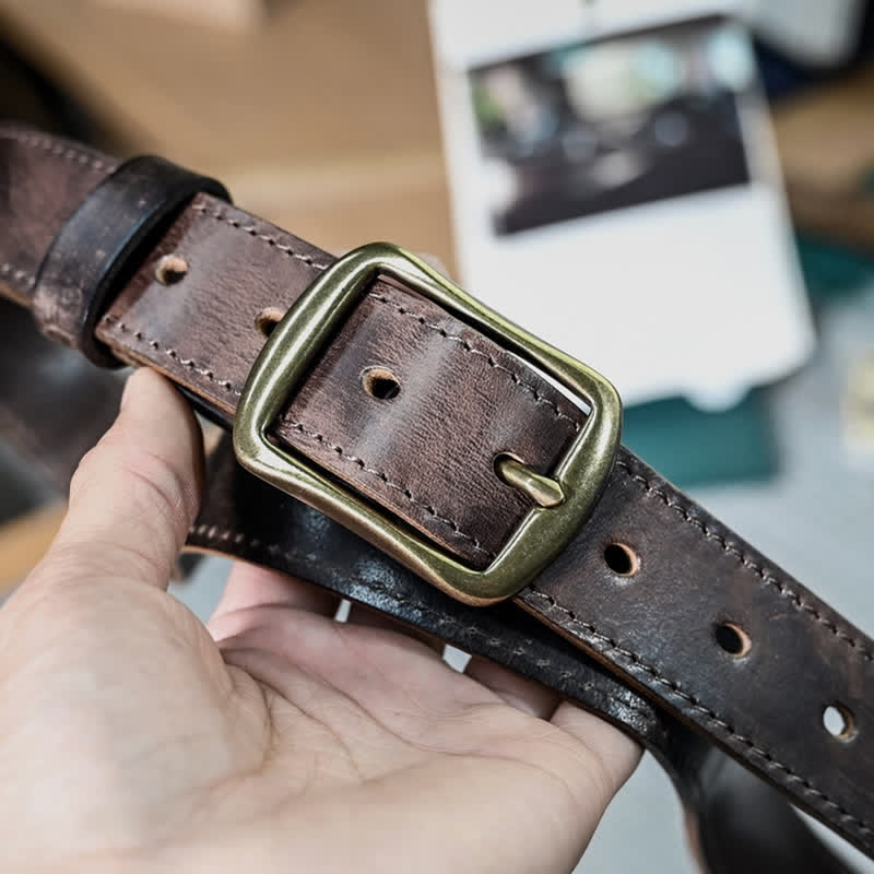 Retro Distressed Brass Buckle Hand-Made Stitching Leather Belt