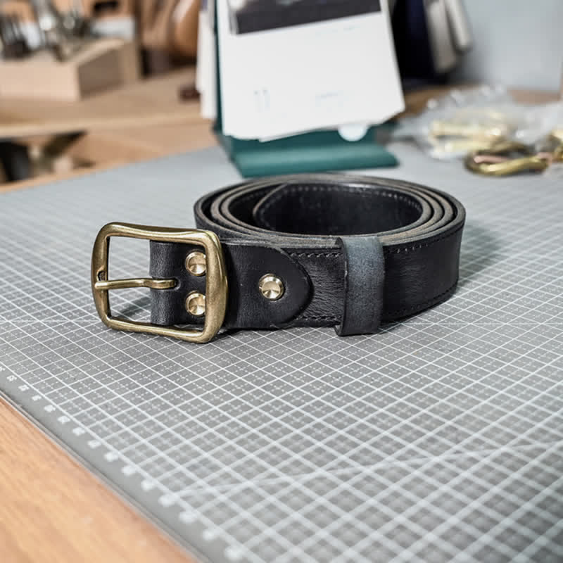 Retro Distressed Brass Buckle Hand-Made Stitching Leather Belt