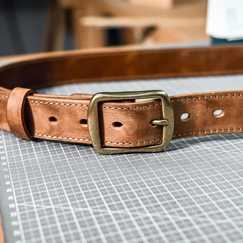 Retro Distressed Brass Buckle Hand-Made Stitching Leather Belt