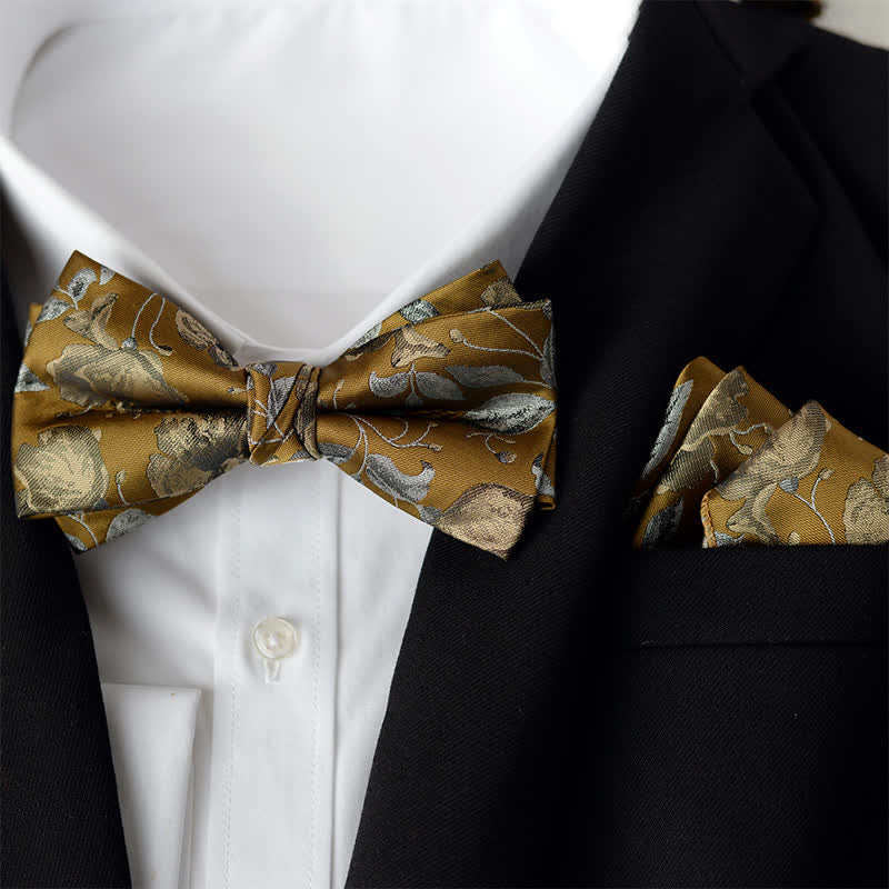 2Pcs Men's Elegant Flower Handkerchief Double Layered Bow Tie Set