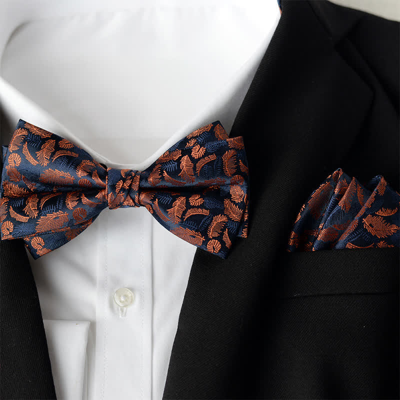 2Pcs Men's Elegant Flower Handkerchief Double Layered Bow Tie Set