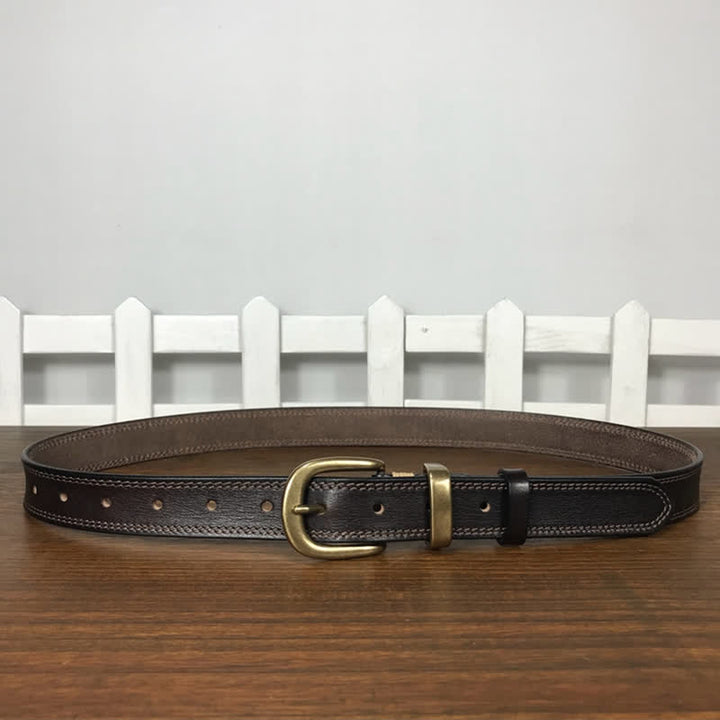 Women's Brass Buckle Double Stitching Narrow Leather Belt