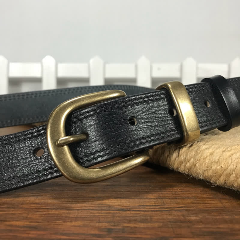 Women's Brass Buckle Double Stitching Narrow Leather Belt