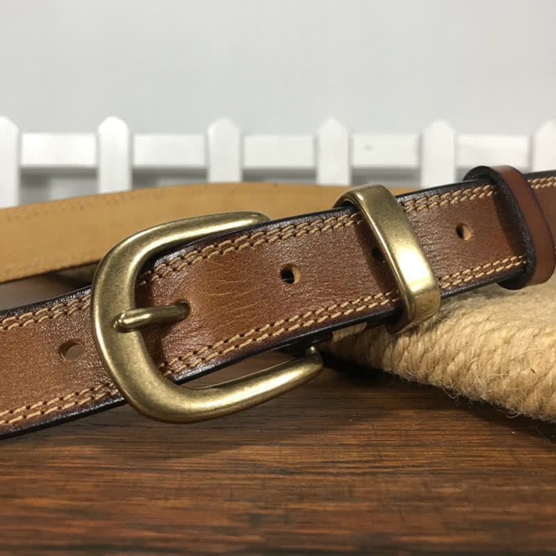 Women's Brass Buckle Double Stitching Narrow Leather Belt