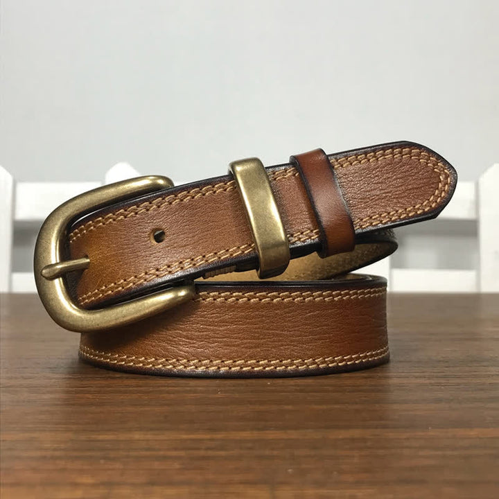 Women's Brass Buckle Double Stitching Narrow Leather Belt