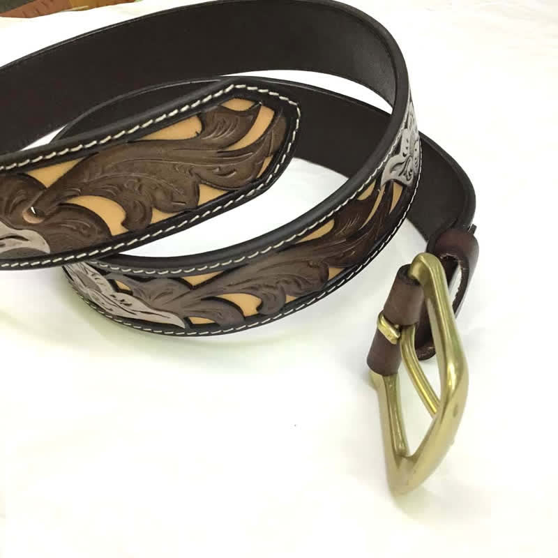 Coffee & White Flower Western Style Carved Leather Belt