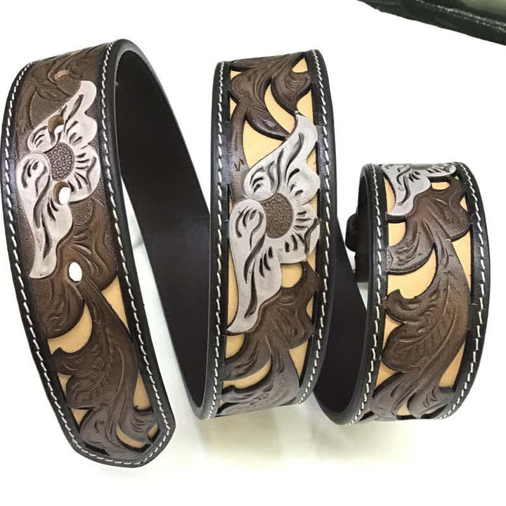 Coffee & White Flower Western Style Carved Leather Belt