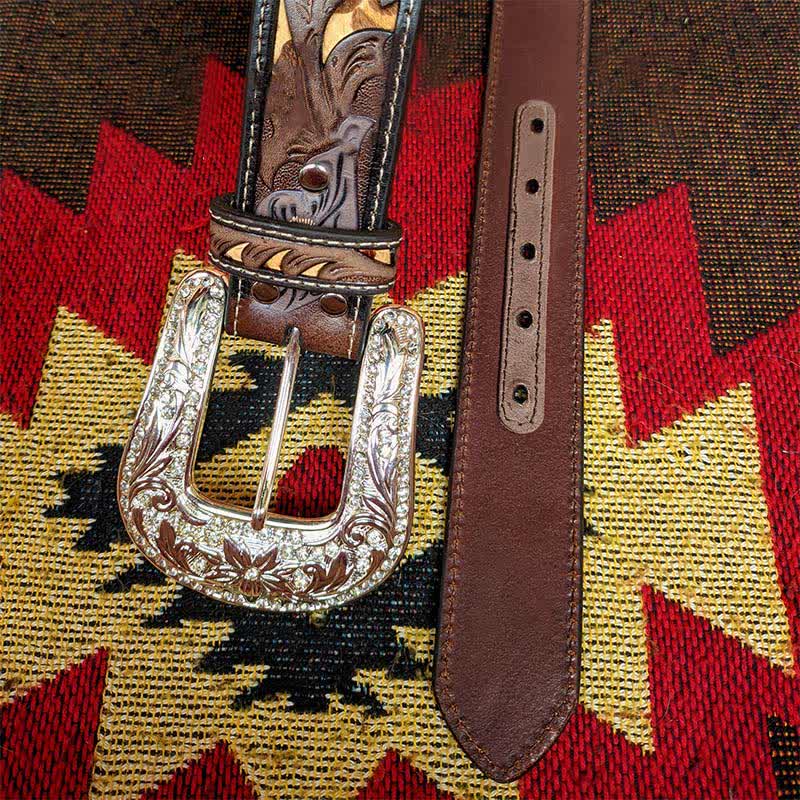 Western Brown & Yellow Carved Flower Buckle Leather Belt