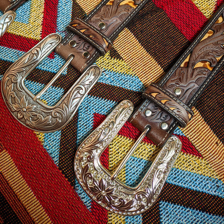 Western Brown & Yellow Carved Flower Buckle Leather Belt