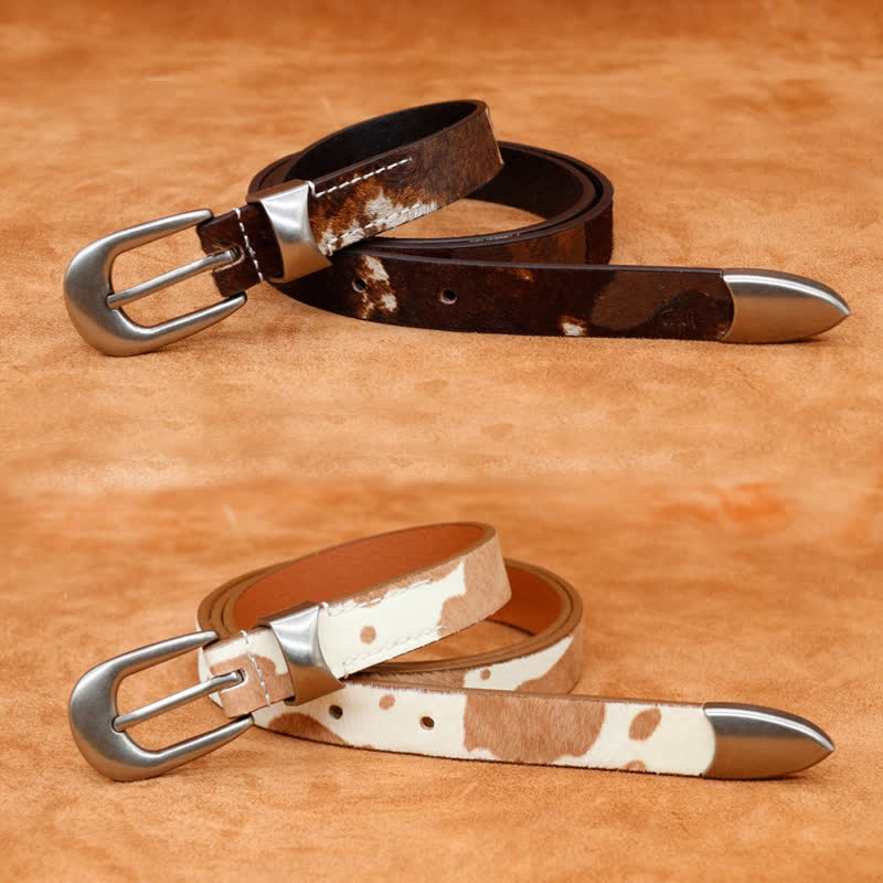 Faux Fur Cow Print Classic Silver Buckle Leather Belt