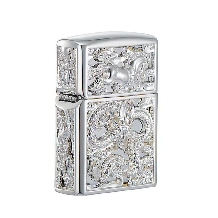 Embossed 3D Carving Dragon Refillable Kerosene Lighter - Silver - image 5