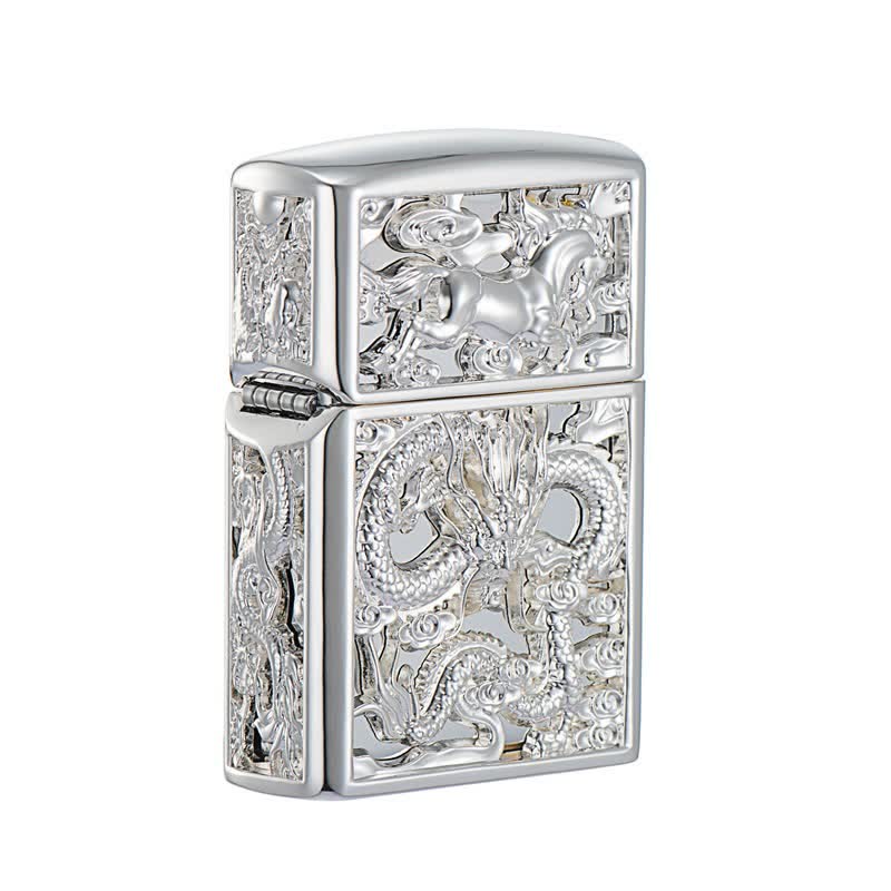 Embossed 3D Carving Dragon Refillable Kerosene Lighter - Silver - image 7