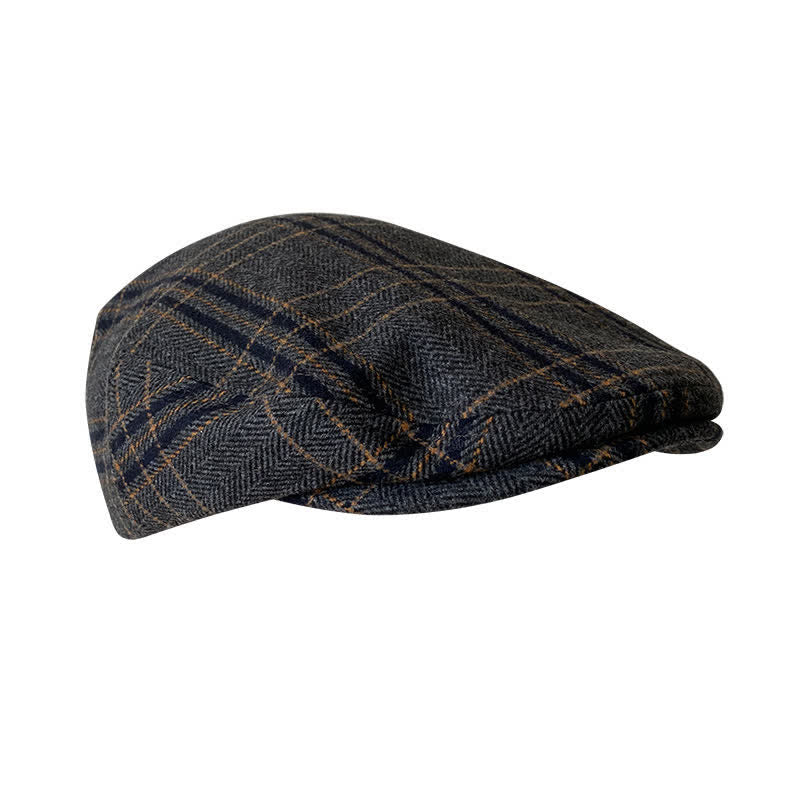 Dark Gray Yellow Plaid Classic Herringbone Gatsby Beret Hat