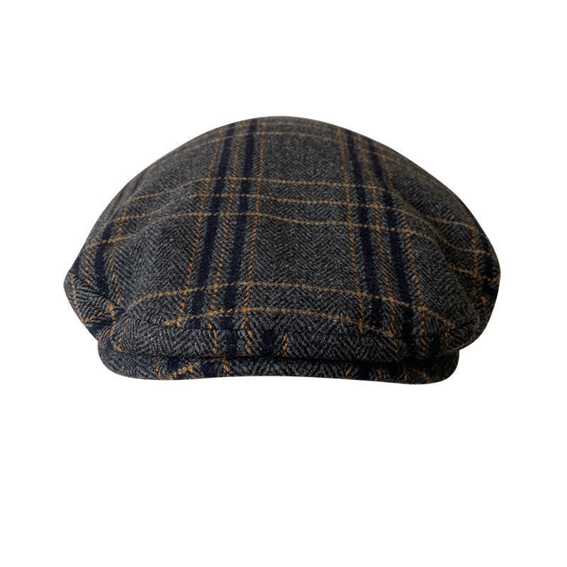 Dark Gray Yellow Plaid Classic Herringbone Gatsby Beret Hat