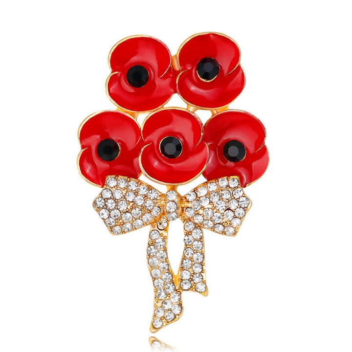 Five Red Poppies Bow Knot Rhinestone Flower Brooch