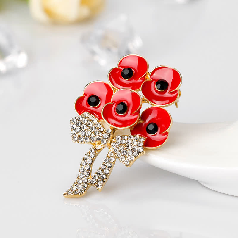 Five Red Poppies Bow Knot Rhinestone Flower Brooch