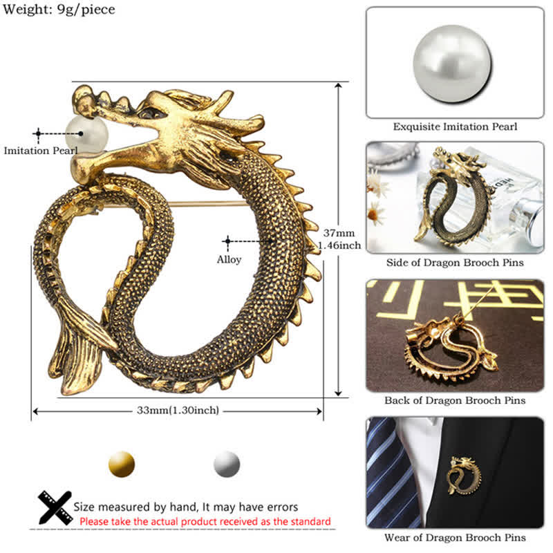 Men's Antique Tone Dragon Imitation Pearl Brooch