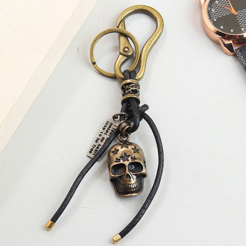 Gothic Skull Head Carved Star Black Leather Keychain