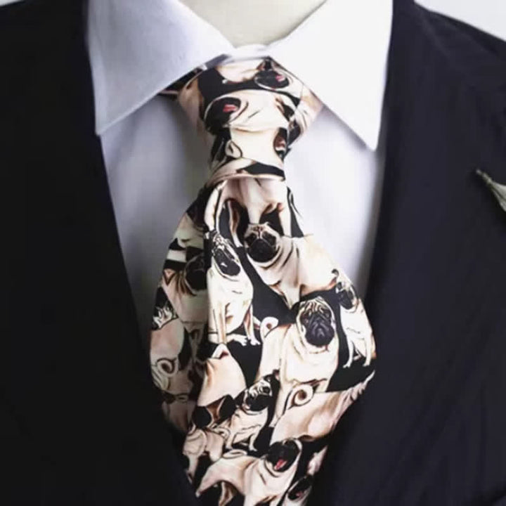 Men's Black & Beige A Bunch Of Pugs Printed Necktie