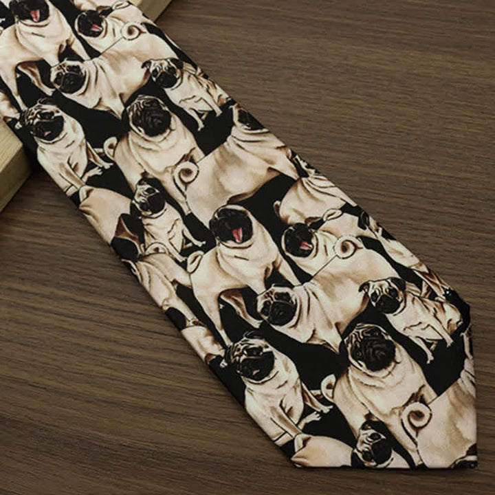 Men's Black & Beige A Bunch Of Pugs Printed Necktie