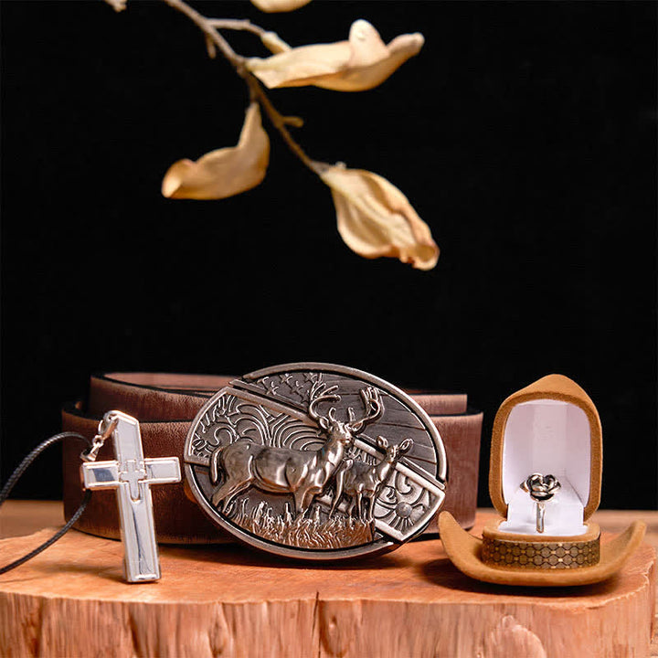 Creative DIY Deer Hidden Knife Belt Buckle Cross Necklace Rose Ring Bundle Set