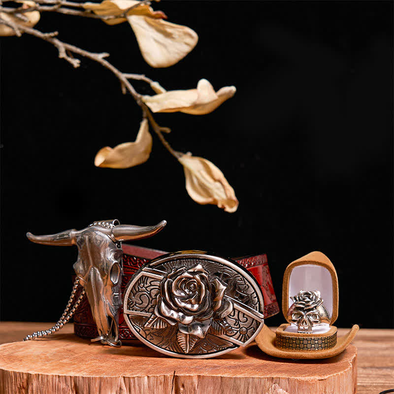 DIY Rose Hidden Knife Belt Buckle Bull Pendant Skull & Rose Ring Bundle Set - Rose - Brown Carved Belt - 42 - image 10