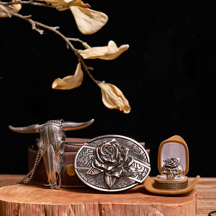 DIY Rose Hidden Knife Belt Buckle Bull Pendant Skull & Rose Ring Bundle Set - Rose - Brown Distressed Belt - 42 - image 9