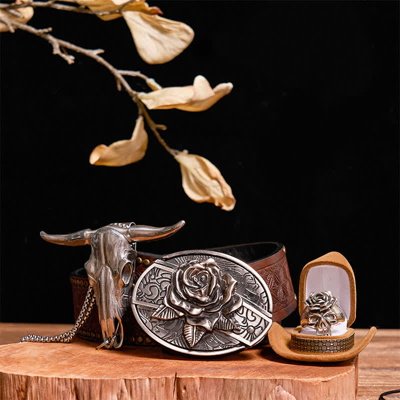 DIY Rose Hidden Knife Belt Buckle Bull Pendant Skull & Rose Ring Bundle Set - Rose - Brown Rivet Belt - 42 - image 8