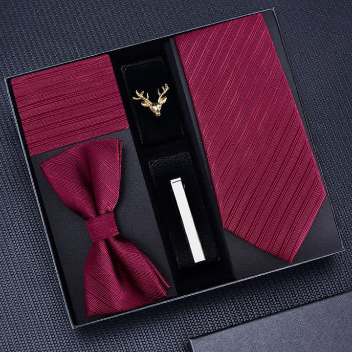 5Pcs Men's Striped Necktie Deer Brooch Bow Ties Gift Box