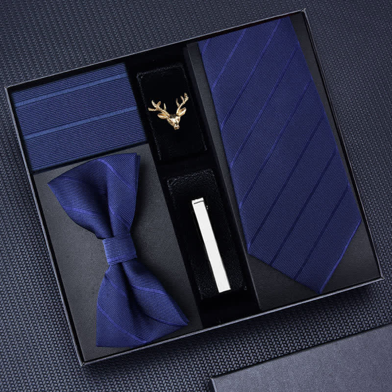 5Pcs Men's Striped Necktie Deer Brooch Bow Ties Gift Box