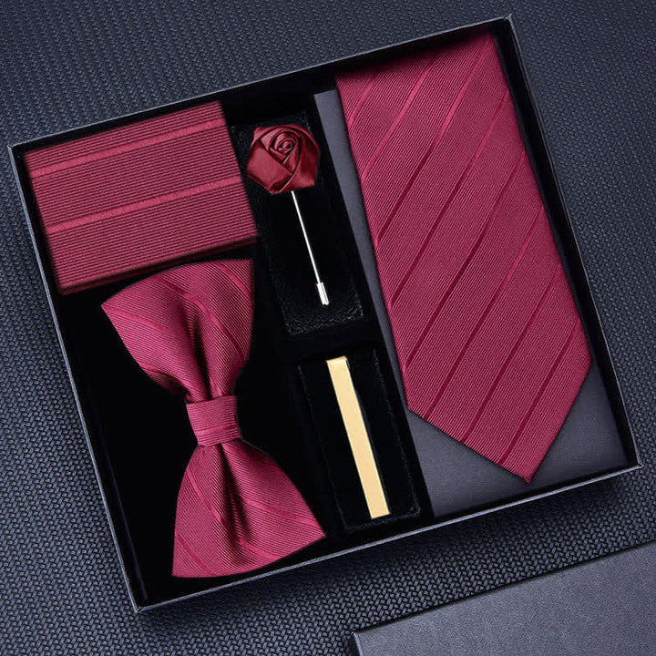 5Pcs Men's Twilled Necktie Rose Brooch Bow Ties Gift Box