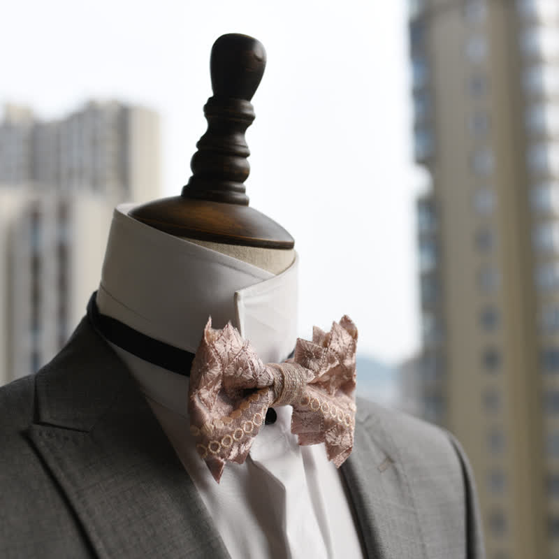 Men's Exquisite Lace Gray Pink Oversized Pointed Bow Tie