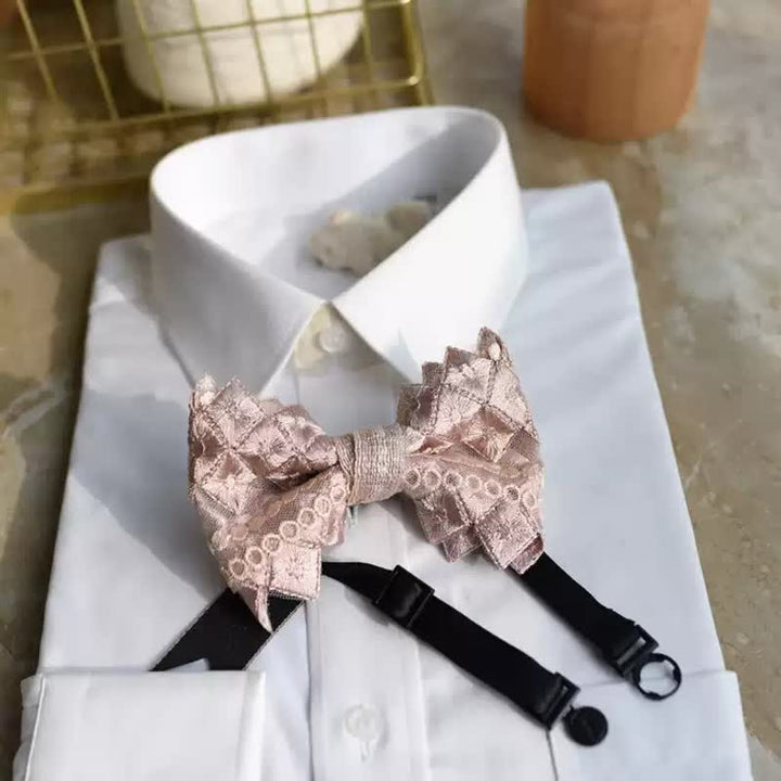 Men's Exquisite Lace Gray Pink Oversized Pointed Bow Tie