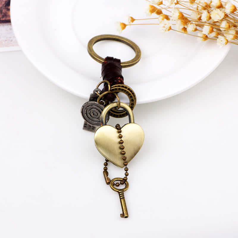 Heart Shaped Lock & Key Leather Keychain