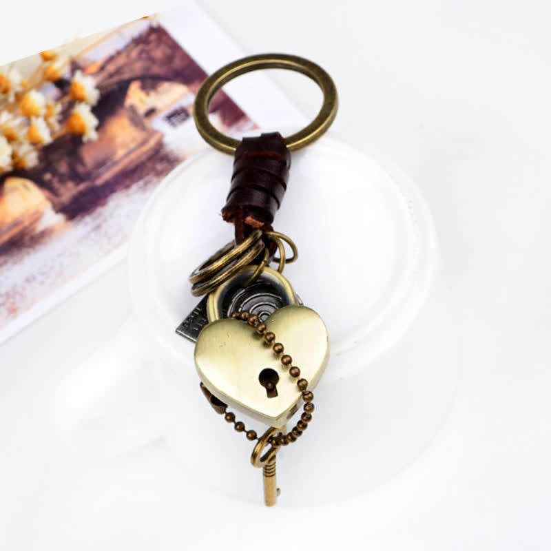 Heart Shaped Lock & Key Leather Keychain