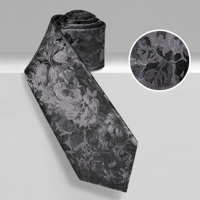 Men's Dark Gray & Black Floral Pure Silk Necktie