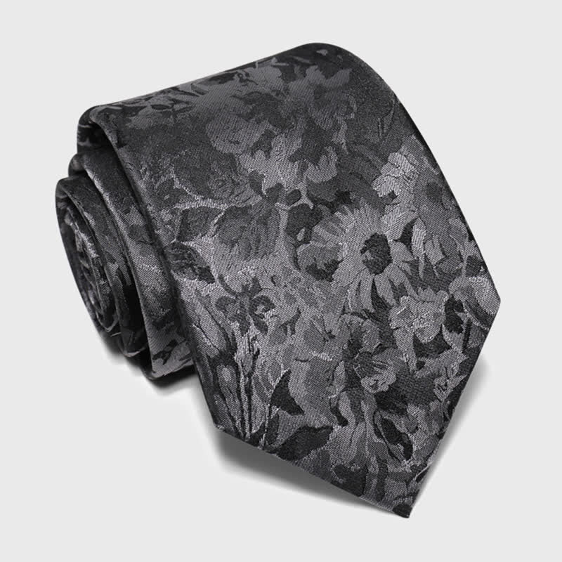 Men's Dark Gray & Black Floral Pure Silk Necktie