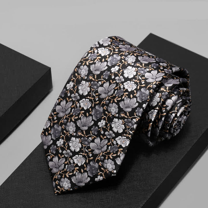 Men's Black & Gray Liitle Floral Pure Silk Necktie