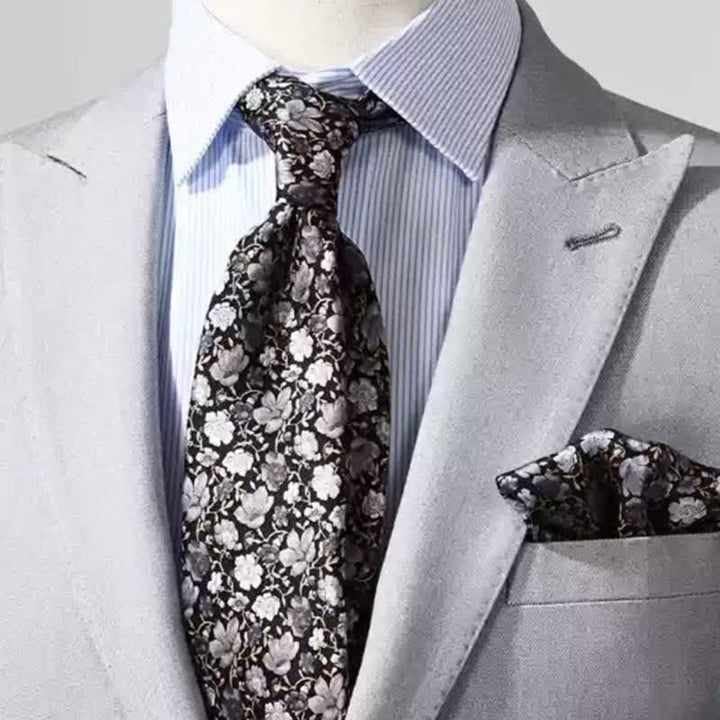 Men's Black & Gray Liitle Floral Pure Silk Necktie