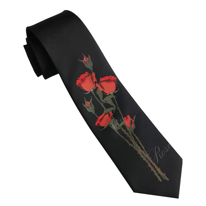 Men's Romantic Black A Bunch Of Red Roses Pattern Necktie