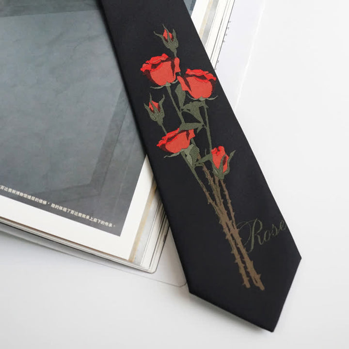 Men's Romantic Black A Bunch Of Red Roses Pattern Necktie