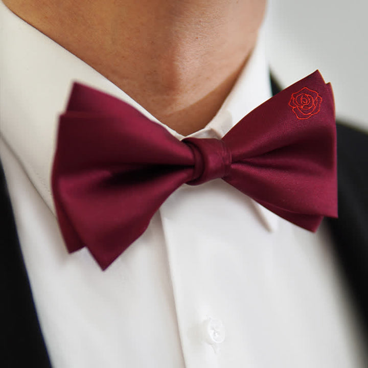 Men's Bugundy Rose Embroidery Handkerchief Bow Tie