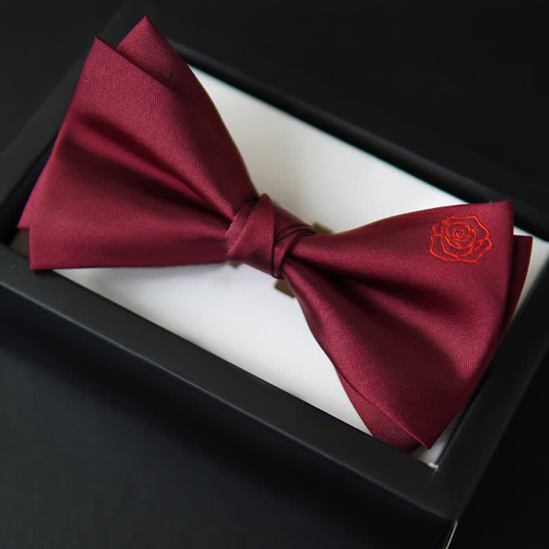 Men's Bugundy Rose Embroidery Handkerchief Bow Tie