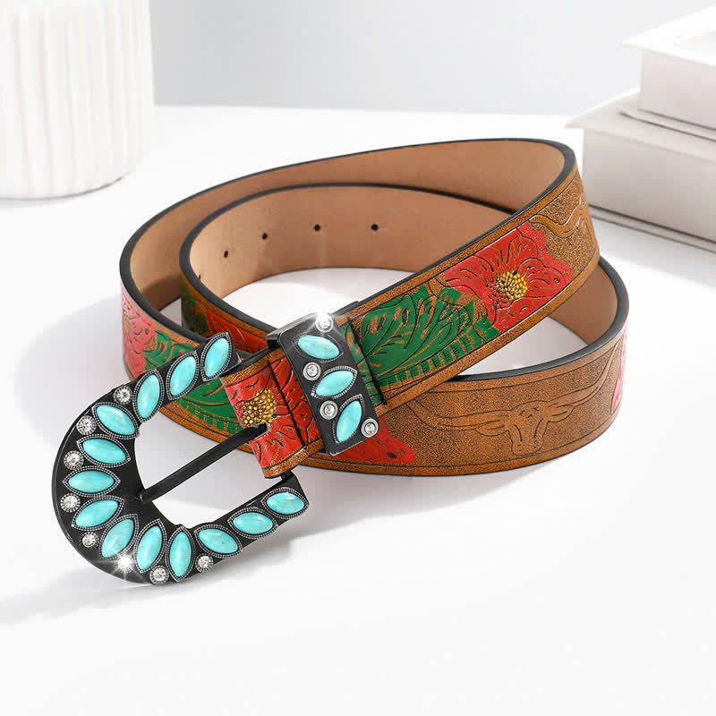 Boho Chic Vintage Feather Print Turquoise Buckle Leather Belt