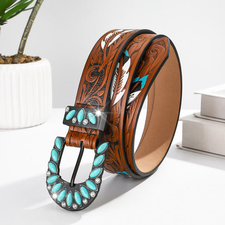 Boho Chic Vintage Feather Print Turquoise Buckle Leather Belt