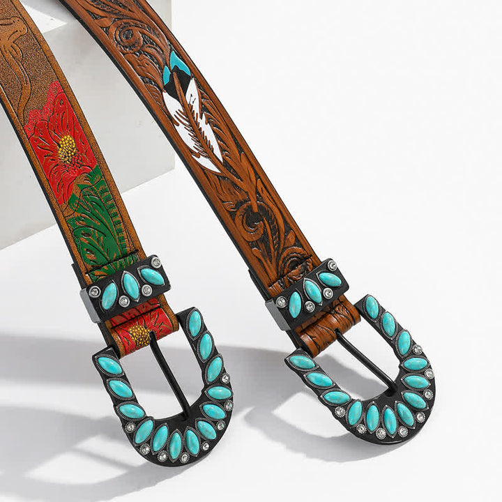 Boho Chic Vintage Feather Print Turquoise Buckle Leather Belt