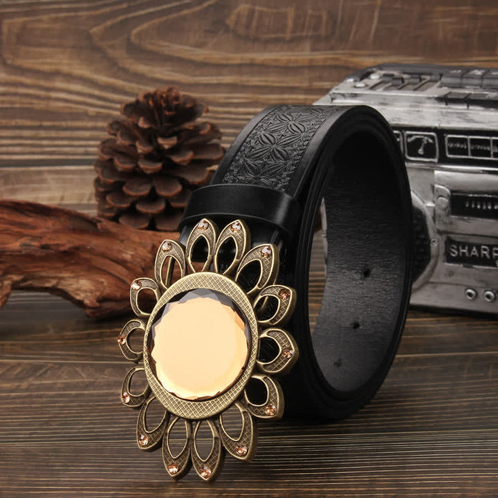 Crystal Burst Sunflower Buckle Leather Belt