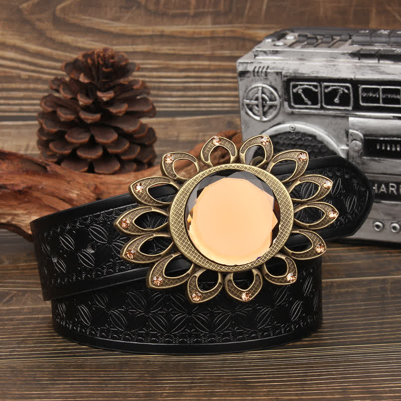 Crystal Burst Sunflower Buckle Leather Belt