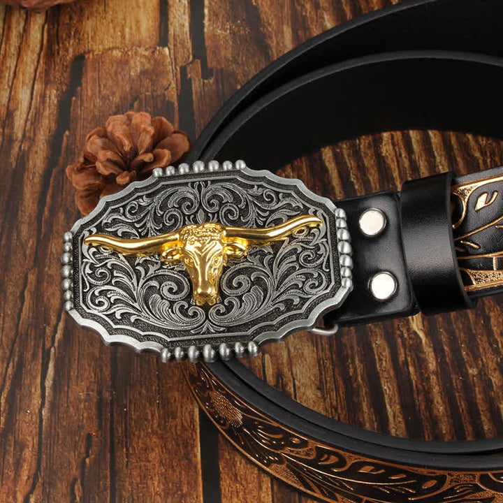 Weatern Gold Longhorn Bull Head Colorful Leather Belt